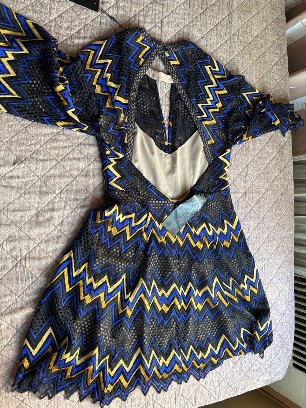 BCBGMaxAzria Black, Blue & Yellow Zigzag Backless Mini Dress